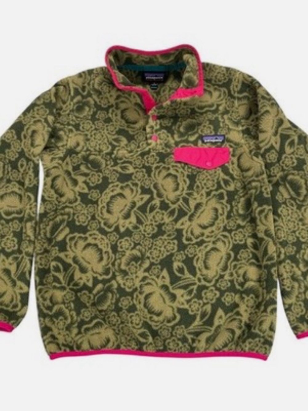 Patagonia Olive Green Floral Fleece Pullover with Pink Accents